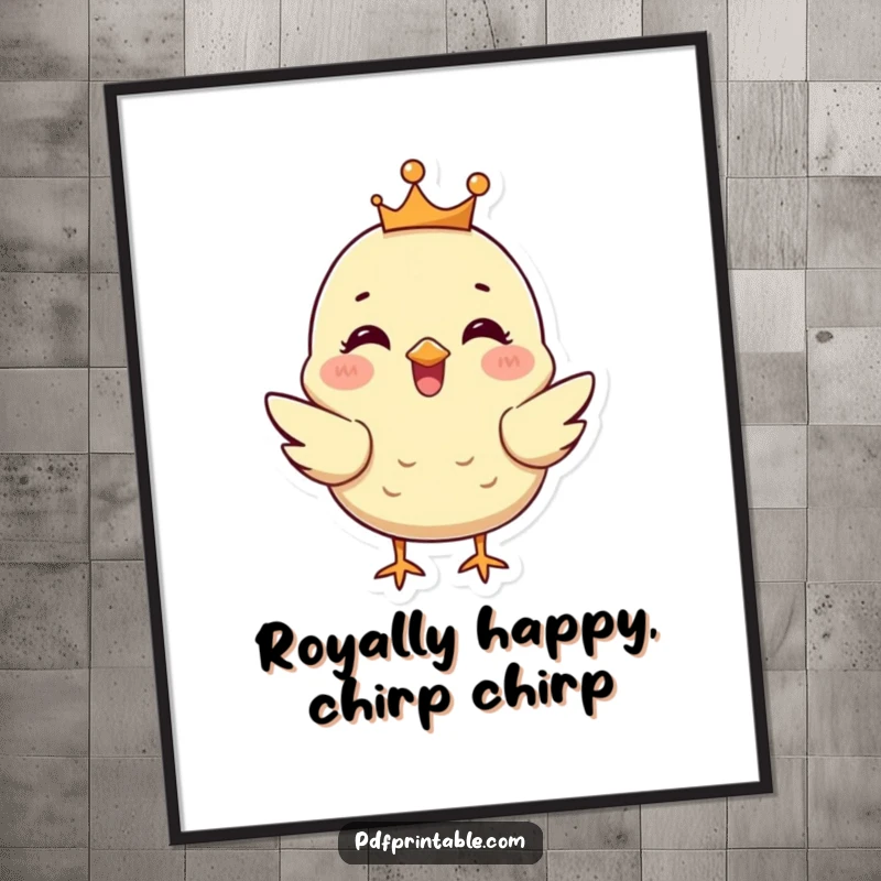 Funny Free Printable Wall Art: A happy chick sports a tiny crown and chirps merrily, adding whimsical decor.