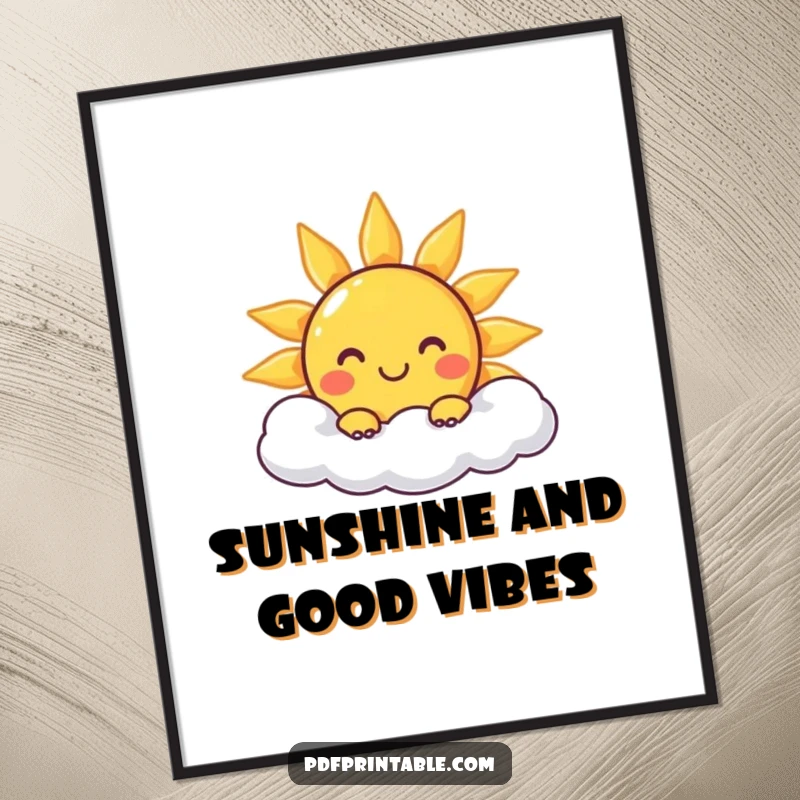 Funny Free Printable Wall Art: Smiling sun character peeking from behind a fluffy cloud, bringing warmth and cheerful vibes.