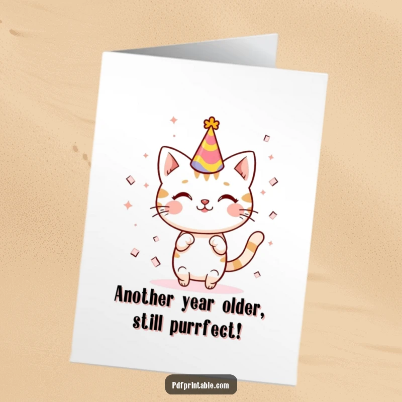 Funny Free Printable Birthday Card: A kawaii cat in a party hat celebrates with a paper confetti cascade, spreading joy.