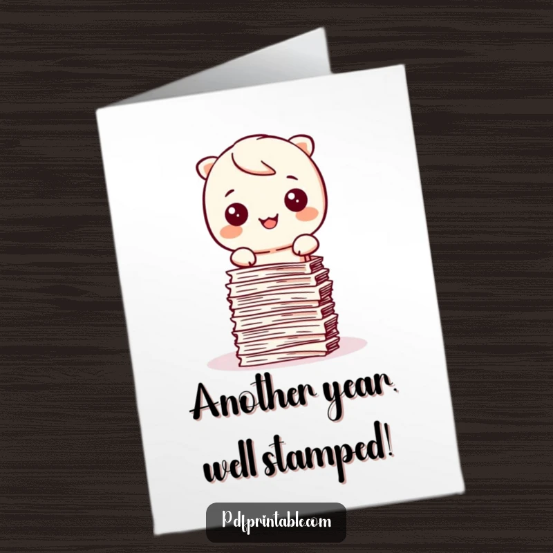 Funny Free Printable Birthday Card: Kawaii character happily stamping paper into a neat stack with a smile.
