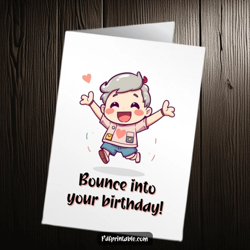 Funny Free Printable Birthday Card: Character bouncing with excitement after finishing a fun project, radiating pure joy and accomplishment.