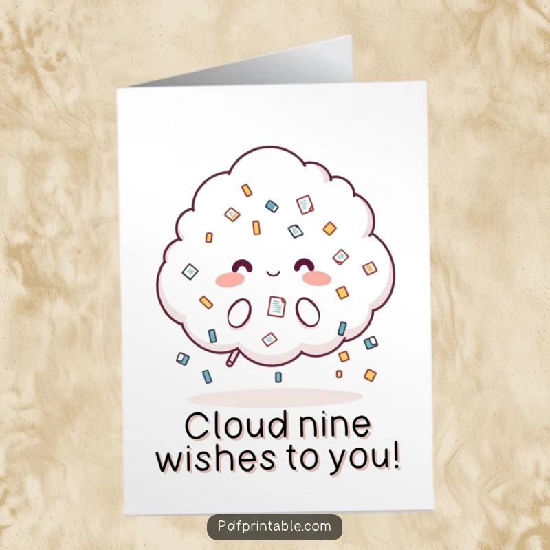 Funny Free Printable Birthday Card: Fluffy cloud character raining small document icons. A quirky downloadable gift for birthdays.