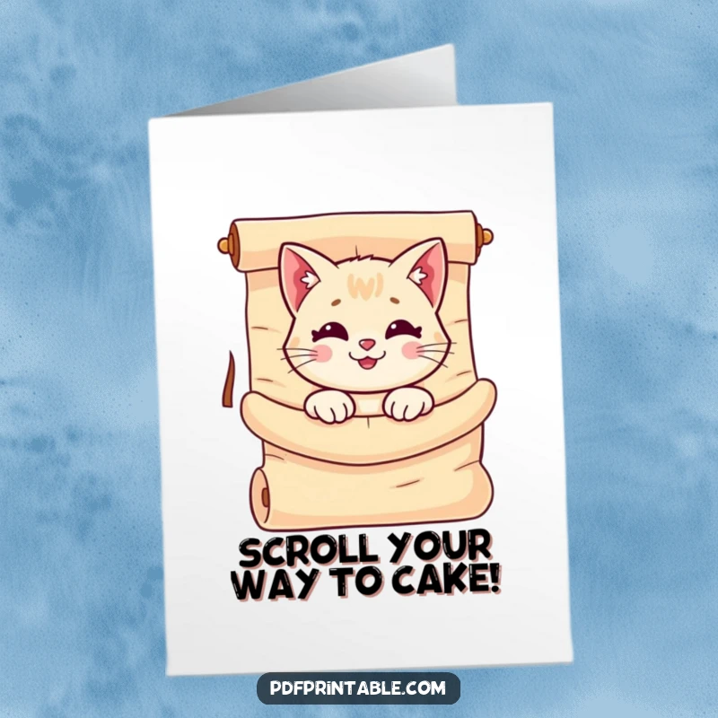 Funny Free Printable Birthday Card: Smiling cat peeking curiously from a large, unrolled scroll.