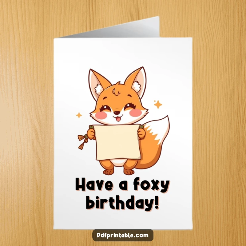 Funny Free Printable Birthday Card: Cheerful fox presents a scroll with a flourish to wish happy birthday.
