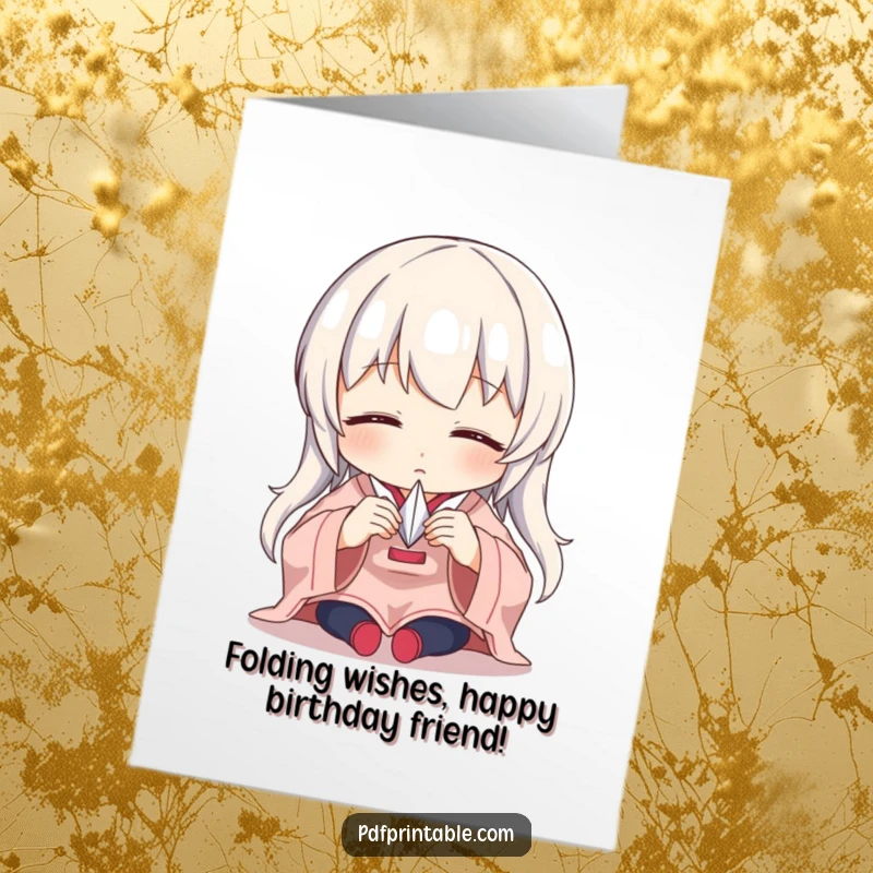 Funny Free Printable Birthday Card: Character intently folds a tiny paper crane, symbolizing focus and a heartfelt, humorous wish.