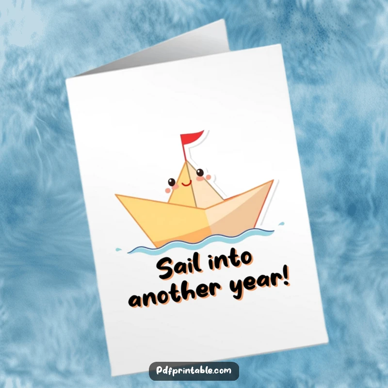 Funny Free Printable Birthday Card: A cheerful paper boat character glides merrily along a wavy blue line.