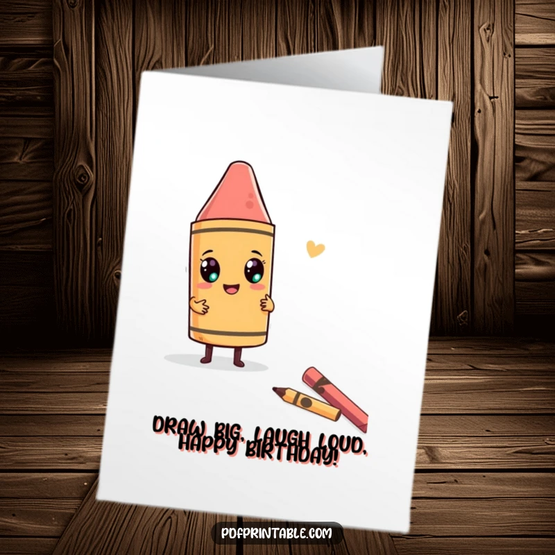 Funny Free Printable Birthday Card: Character wields a giant crayon, drawing a funny shape with jubilant energy.