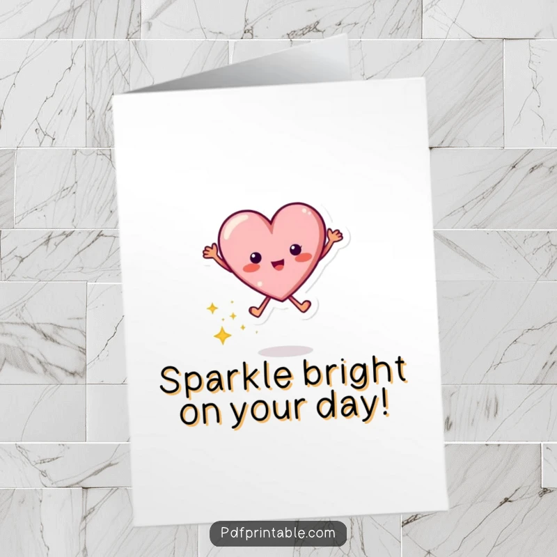 Funny free printable birthday card featuring a jubilant jumping heart character with a dazzling trail of sparkles, radiating happiness.