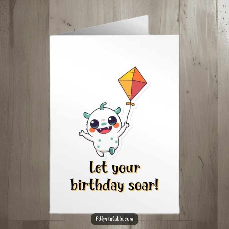 Funny Free Printable Birthday Card: Cheerful monster character joyfully flying a colorful kite for a playful birthday celebration.