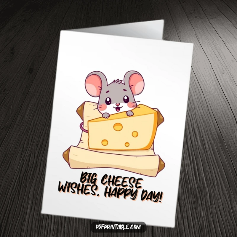 Funny Free Printable Birthday Card: A surprised mouse discovers a massive piece of cheese on a scroll.