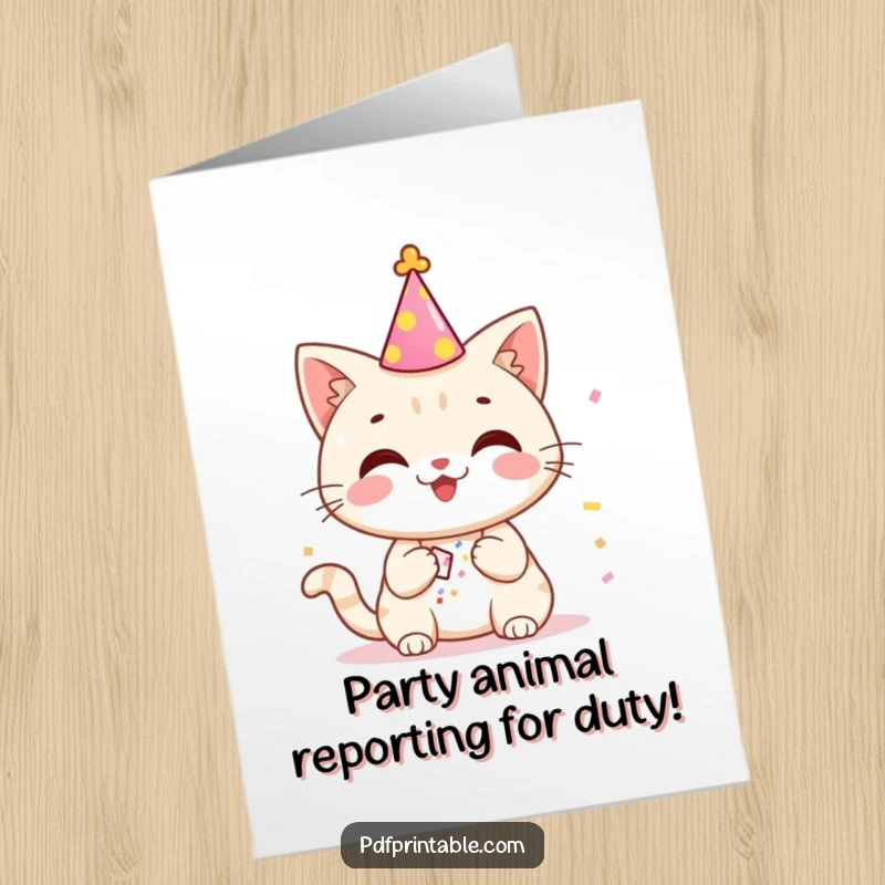 Funny Free Printable Birthday Card: A happy cat in a party hat joyfully dropping a confetti popper, celebrating with flair.