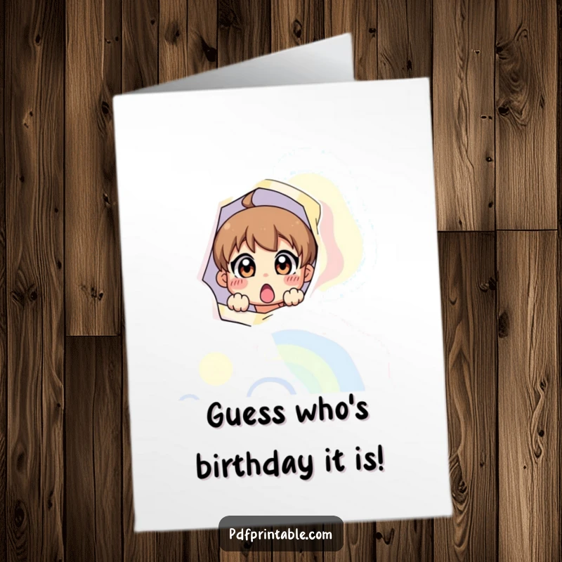 Funny Free Printable Birthday Card with a surprised character peeking out from inside a giant, colorful printable page.