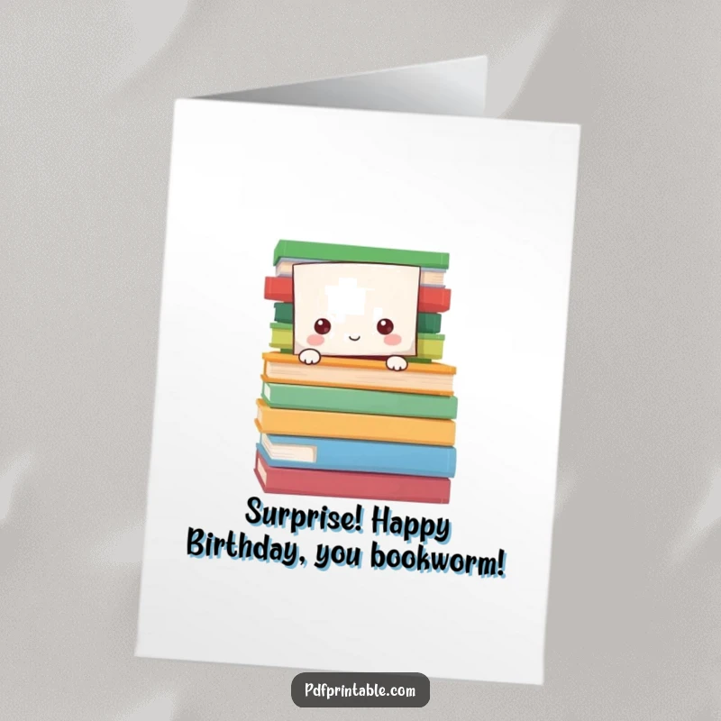 Funny Free Printable Birthday Card: Paper character peeking playfully from behind colorful pages, offering a humorous birthday wish.