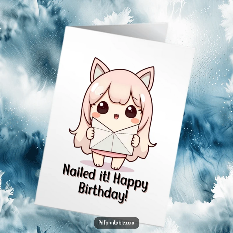 Funny Free Printable Birthday Card: Kawaii character surprised, holding paper craft with pride, for a DIY enthusiast.