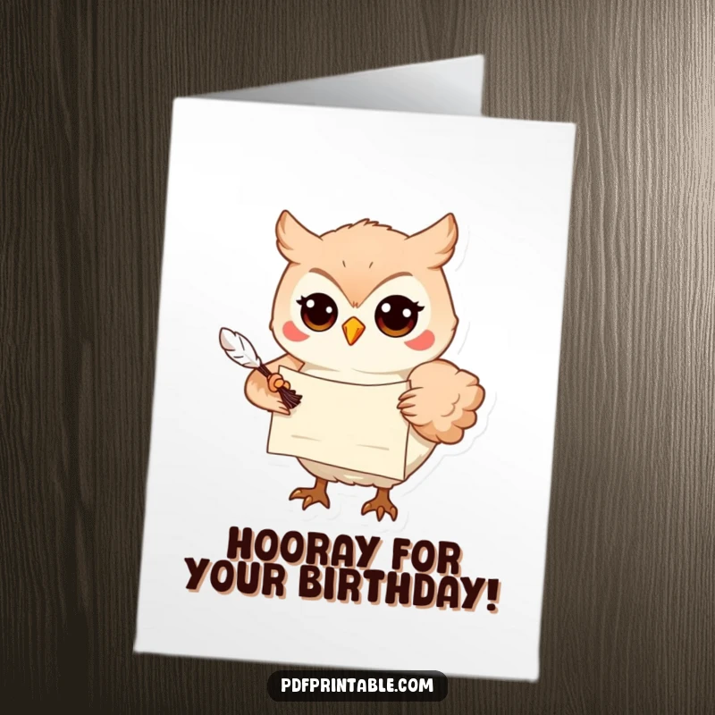 Funny Free Printable Birthday Card: Playful owl with scroll and quill delivers birthday message with wisdom.