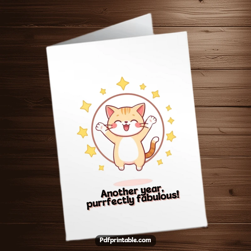 Funny Free Printable birthday card: a cheerful cat joyfully jumps through a hoop surrounded by sparkling stars, celebrating a special day.