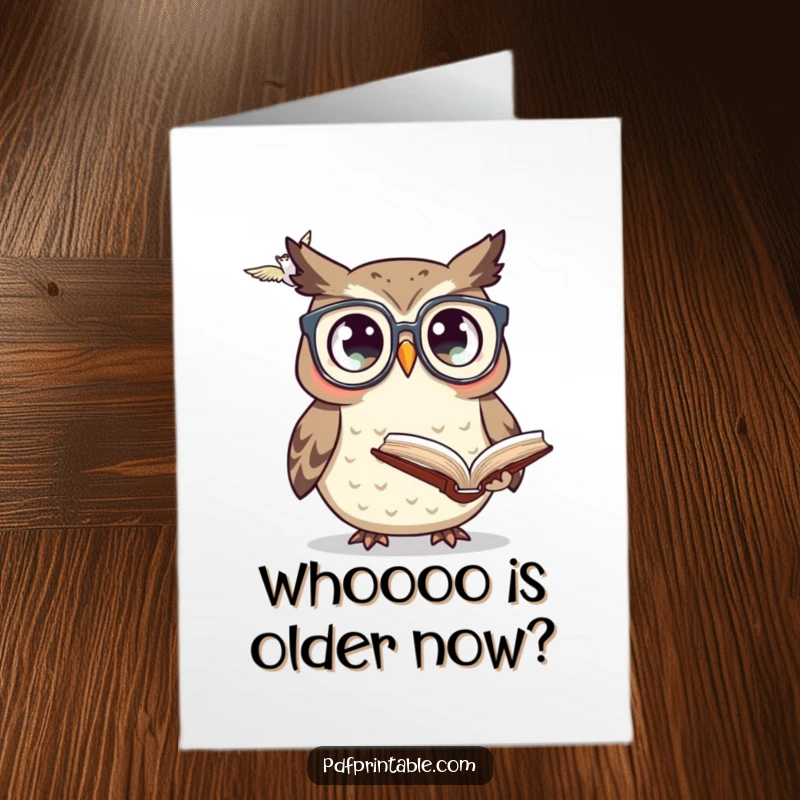 Funny Free Printable birthday card: a surprised owl wearing tiny glasses stares wide-eyed at a flying book, perfect for a quirky celebration.
