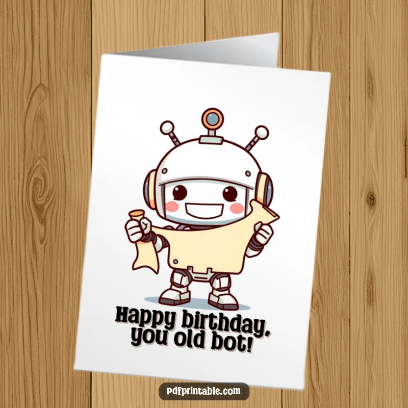 Grinning robot holding an unfurled scroll with a birthday message, free printable card.
