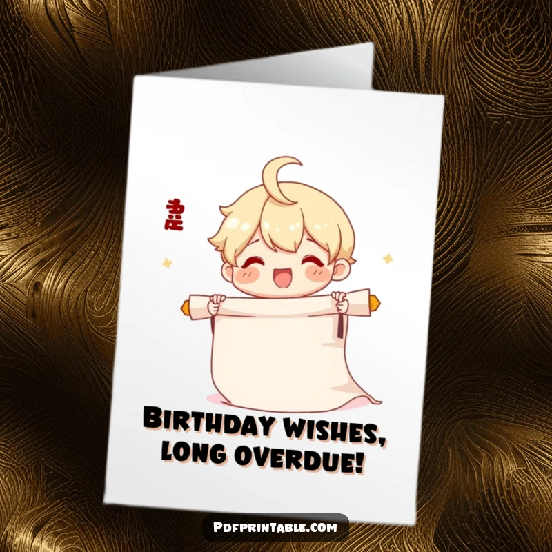 Funny Free Printable Birthday Card: A cute character excitedly unrolls a long scroll, announcing birthday wishes with glee, downloadable.