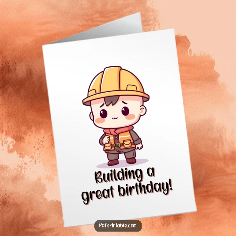 Funny Free Printable Birthday Card: Cute character in a tiny hard hat joyfully assembling colorful building blocks, ready for celebration.