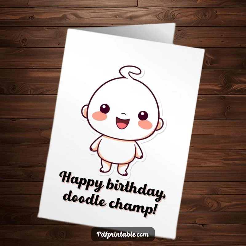 Funny Free Printable Birthday Card: Happy character proudly displaying a simple, charming doodle artwork with a beaming smile.