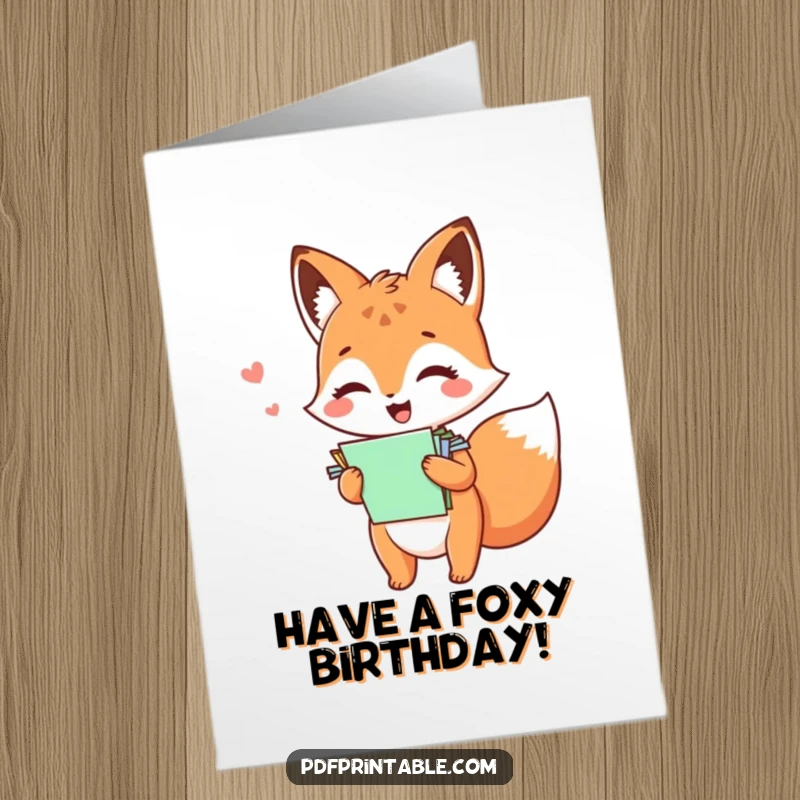 Funny Free Printable Birthday Card: A kawaii fox giggles mischievously while clutching a big stack of colorful papers.