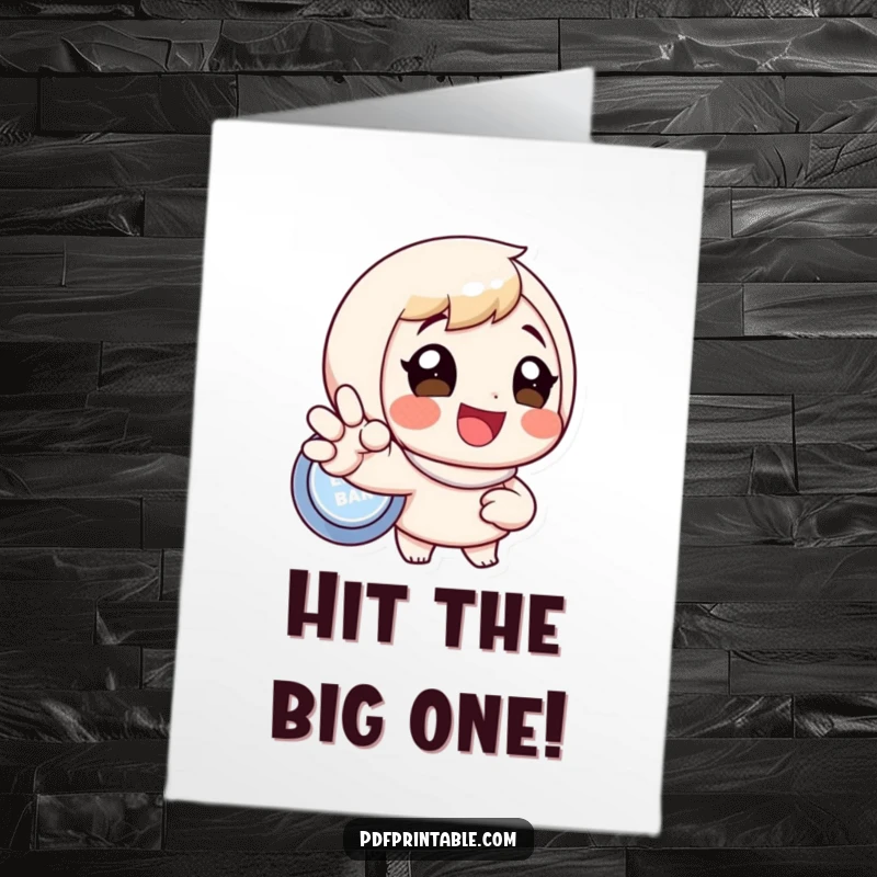 Funny Free Printable Birthday Card featuring a character with a huge smile joyfully pressing a big red button, ready for fun.