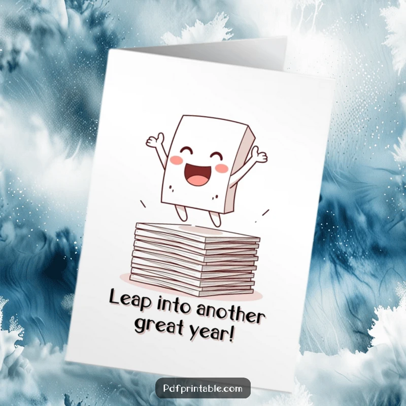 Funny Free Printable Birthday Card: A paper character energetically leaping from a stack of documents, celebrating with exuberance.