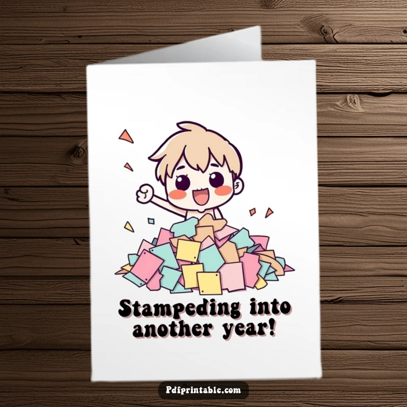 Funny Free Printable Birthday Card featuring a character enthusiastically stamping paper shapes with a huge grin. DIY digital download.