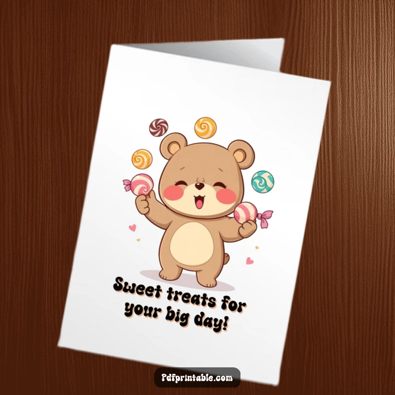 Funny Free Printable Birthday Card: Giggling bear character joyfully juggles big, colorful candies, spreading cheer.