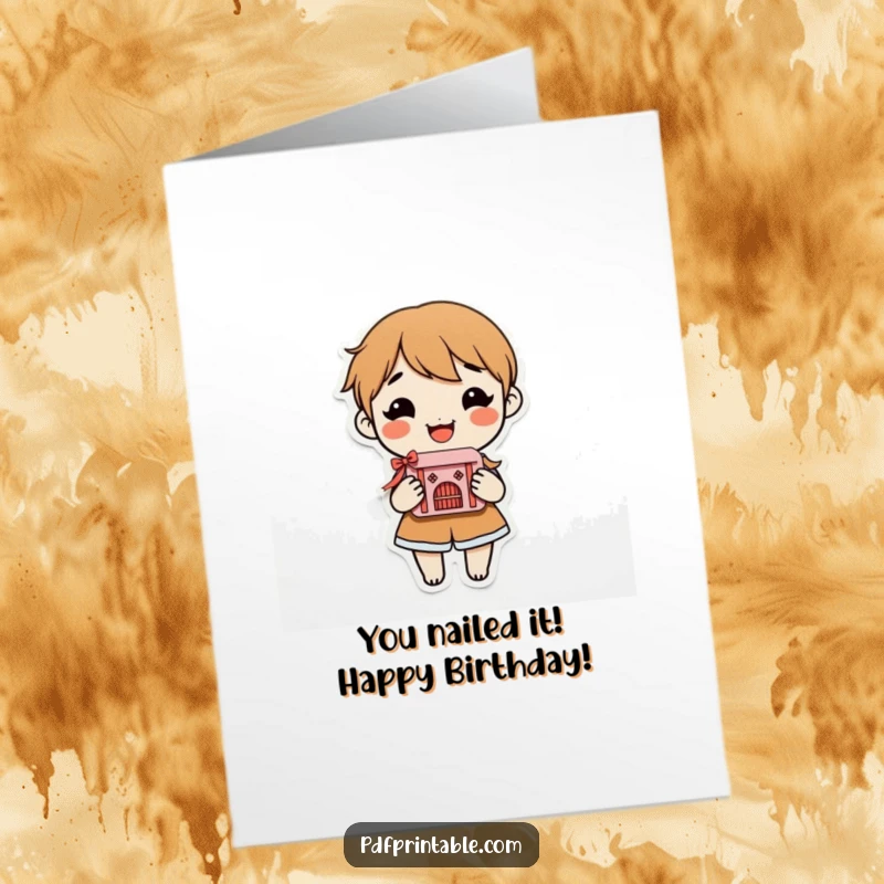 Funny Free Printable Birthday Card: Smiling character proudly holds an intricate paper craft, celebrating with humor.