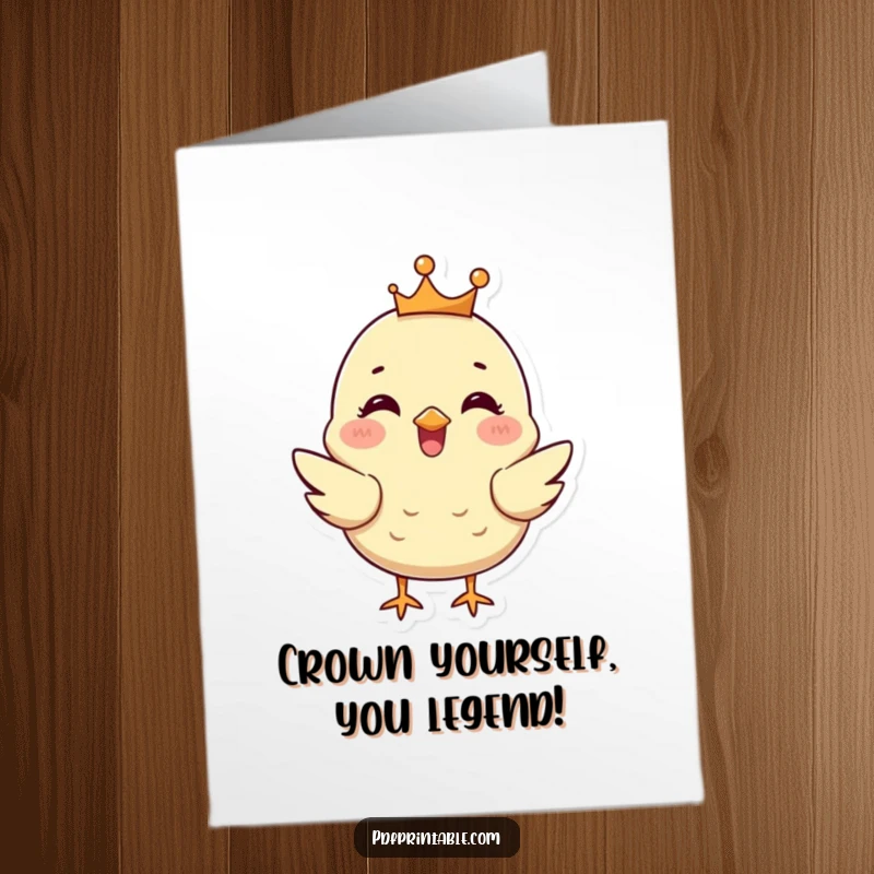 Funny Free Printable Congrats Card: A happy chick in a tiny crown chirps triumphantly, celebrating a grand achievement.