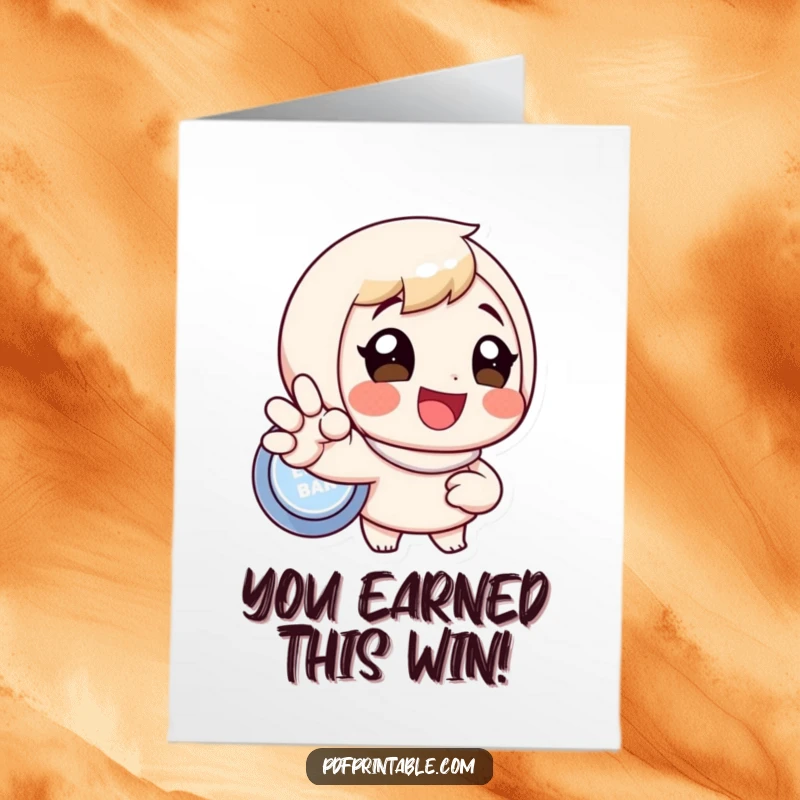Funny Free Printable Congratulations Card showing a character gleefully pushing a button, symbolizing success and exciting news.