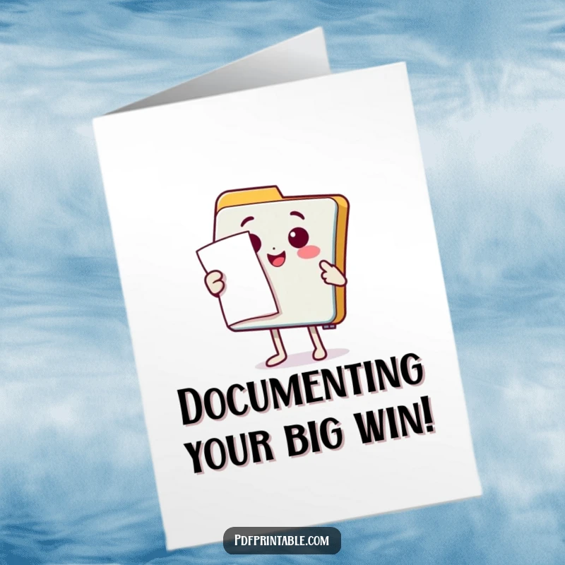 Funny Free Printable Congratulations Card: Happy folder presenting a document with a flourish. Humorous downloadable gift.