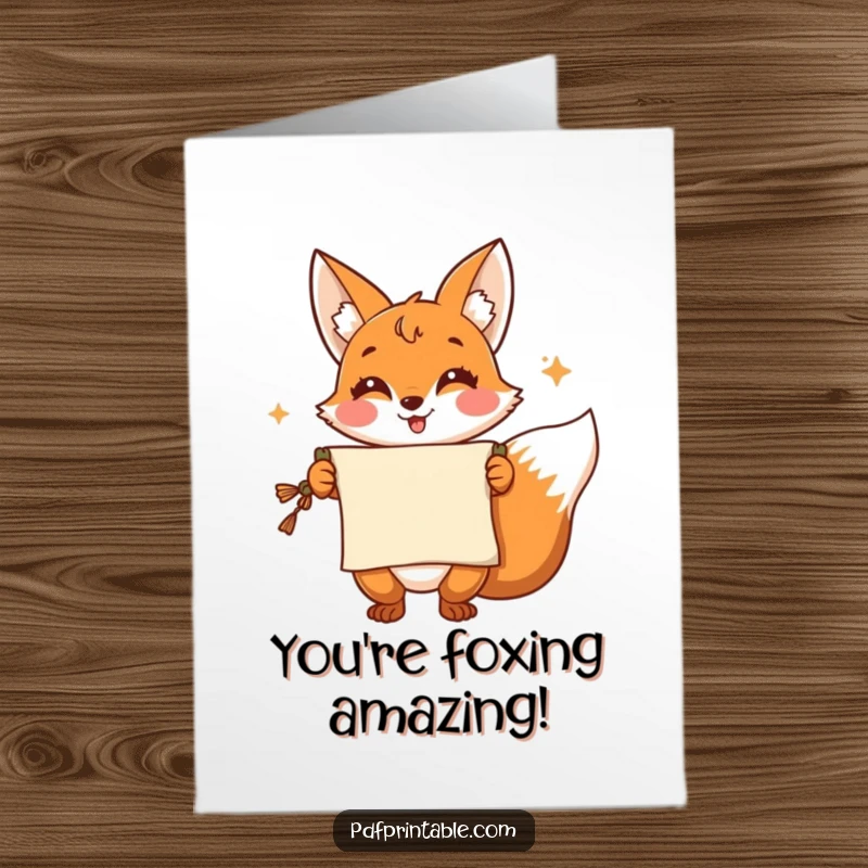 Funny Free Printable Congratulations Card: Cheerful fox presents a scroll with a grand flourish of congratulations.
