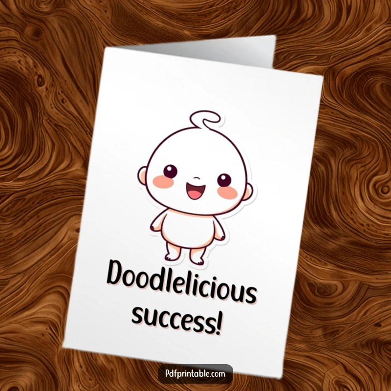 Funny Free Printable Congrats Card: Happy character showcasing a simple, charming doodle artwork, full of artistic cheer.