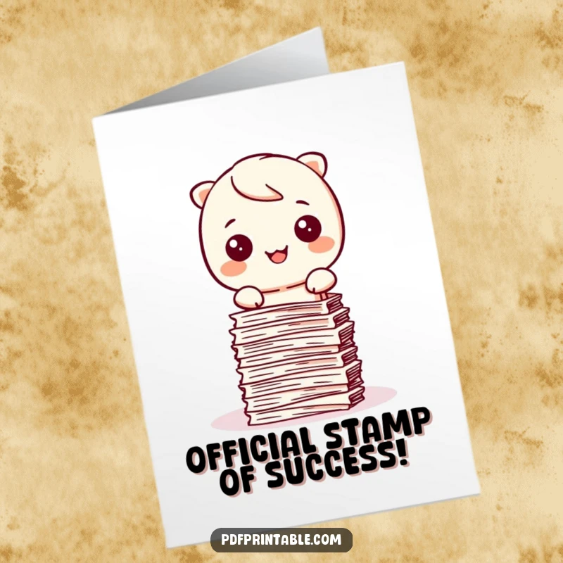 Funny Free Printable Congratulations Card: Kawaii character stamping a pile of papers neatly to celebrate an achievement.
