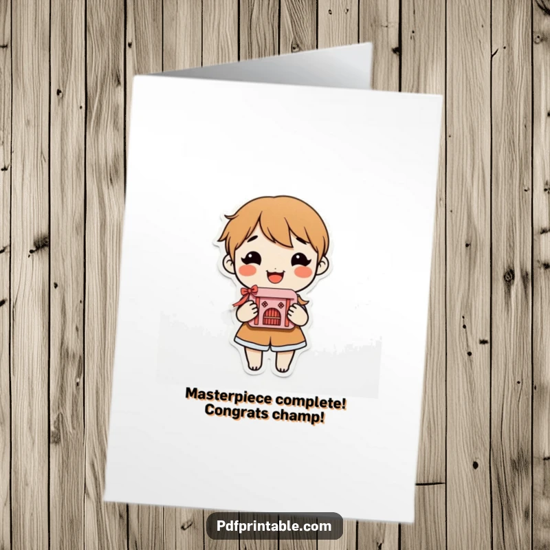 Funny Free Printable Congrats Card: Character beams holding an intricate paper craft, celebrating achievements with a humorous touch.