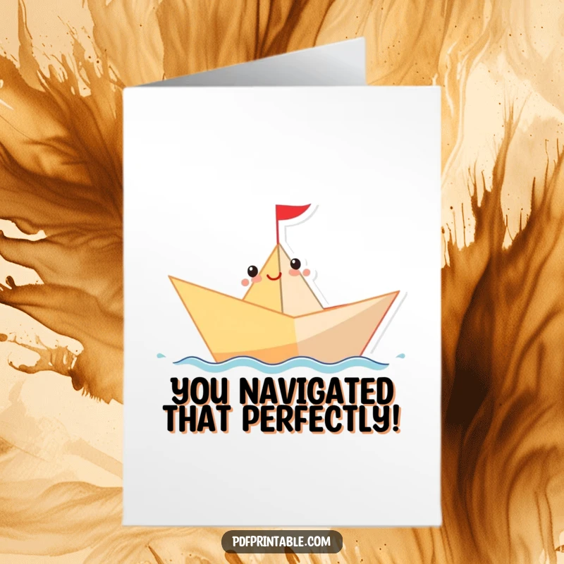 Funny Free Printable Congratulations Card: A happy paper boat character sailing smoothly on a wavy line, symbolizing a journey.