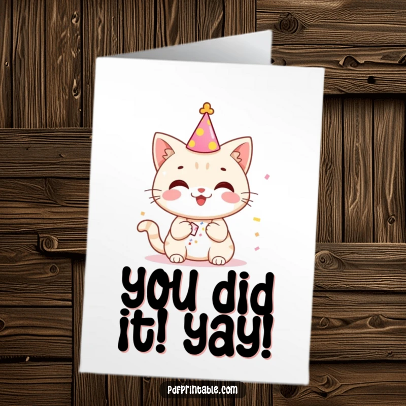 Funny Free Printable Congratulations Card: A cheerful cat with a party hat releases confetti from a tiny popper, signaling celebration.