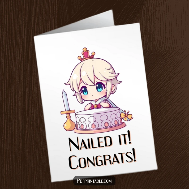 Funny Free Printable Congrats Card: Character looking with immense pride at a finished creation, a smile of accomplishment evident.