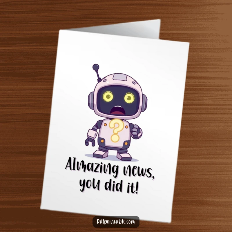 Funny Free Printable Congrats Card: A bewildered robot stares at a large, glowing question mark, signifying a surprising success.