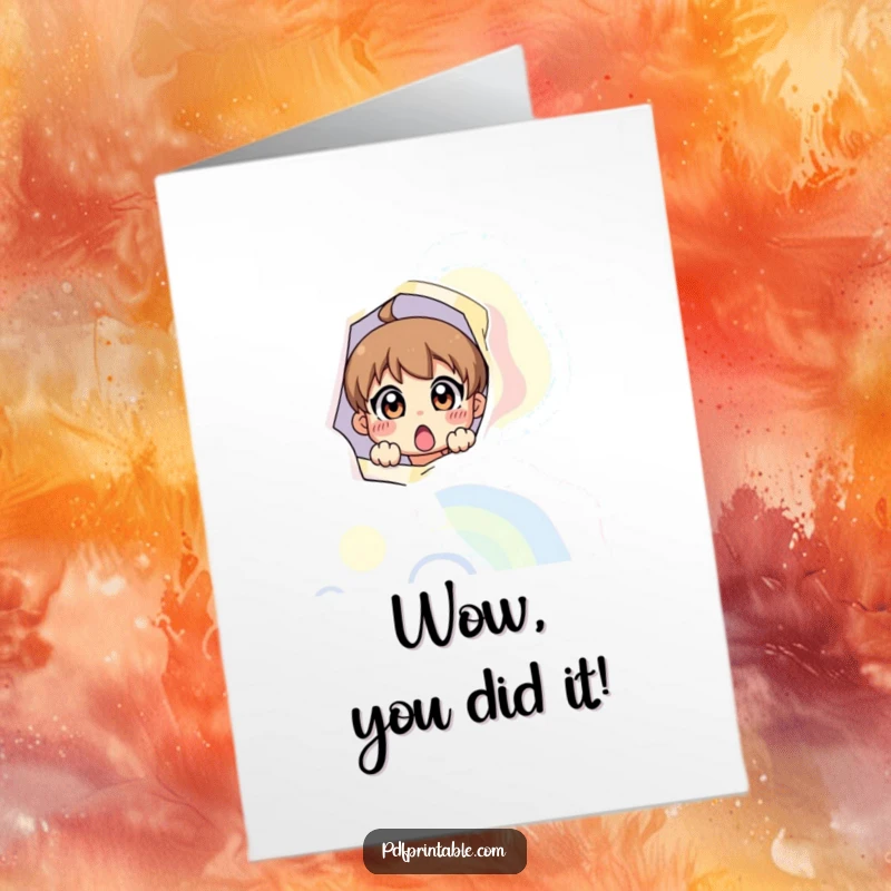 Funny Free Printable Congratulations Card showing a surprised character peeking out from a giant, colorful printable page.