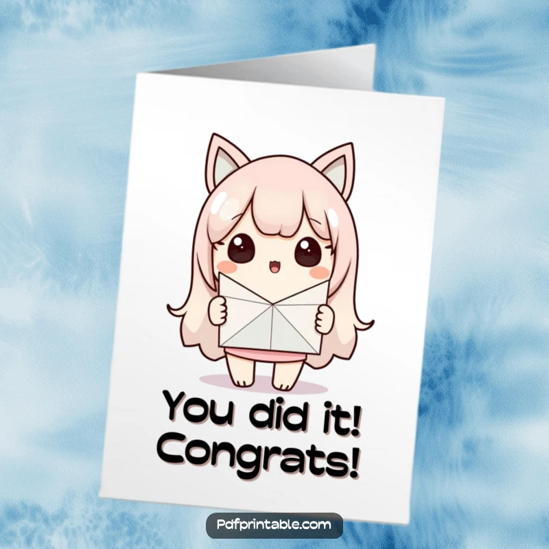 Funny Free Printable Congrats Card: Kawaii character surprised, holding a paper craft, celebrating success with humor.