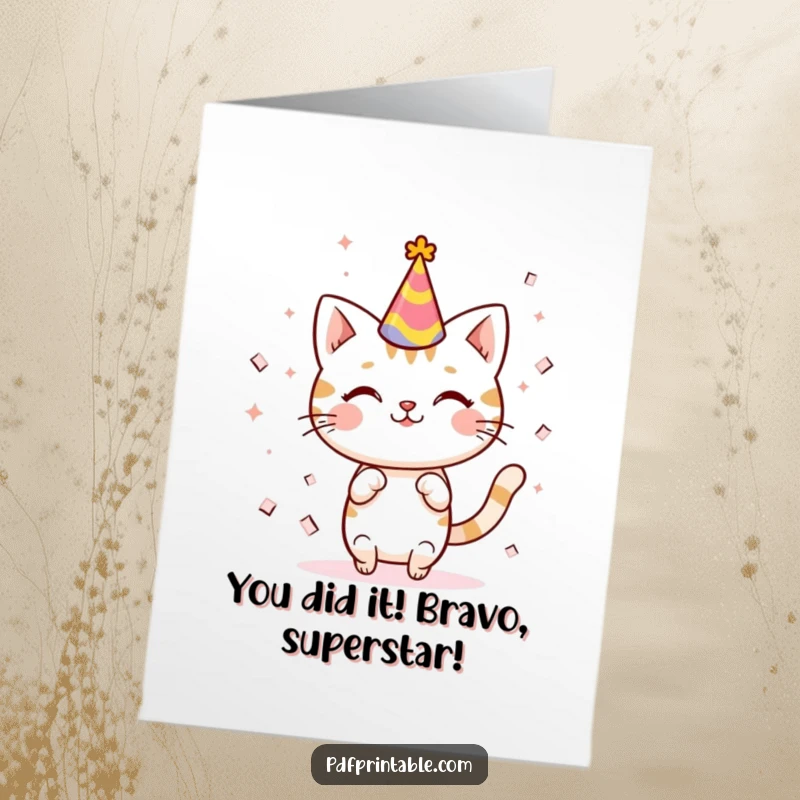Funny Free Printable Congratulations Card: A kawaii cat wearing a party hat revels in a joyful cascade of paper.