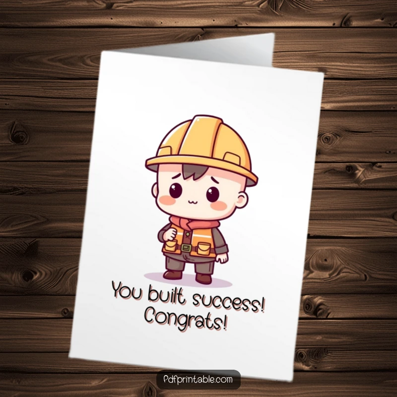 Funny Free Printable Congratulations Card: Character in a hard hat proudly displaying a structure built from geometric shapes, signifying achievement.