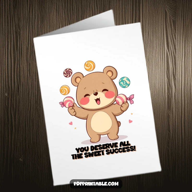 Funny Free Printable Congratulations Card: Giggling bear juggling vibrant candies to celebrate any achievement.