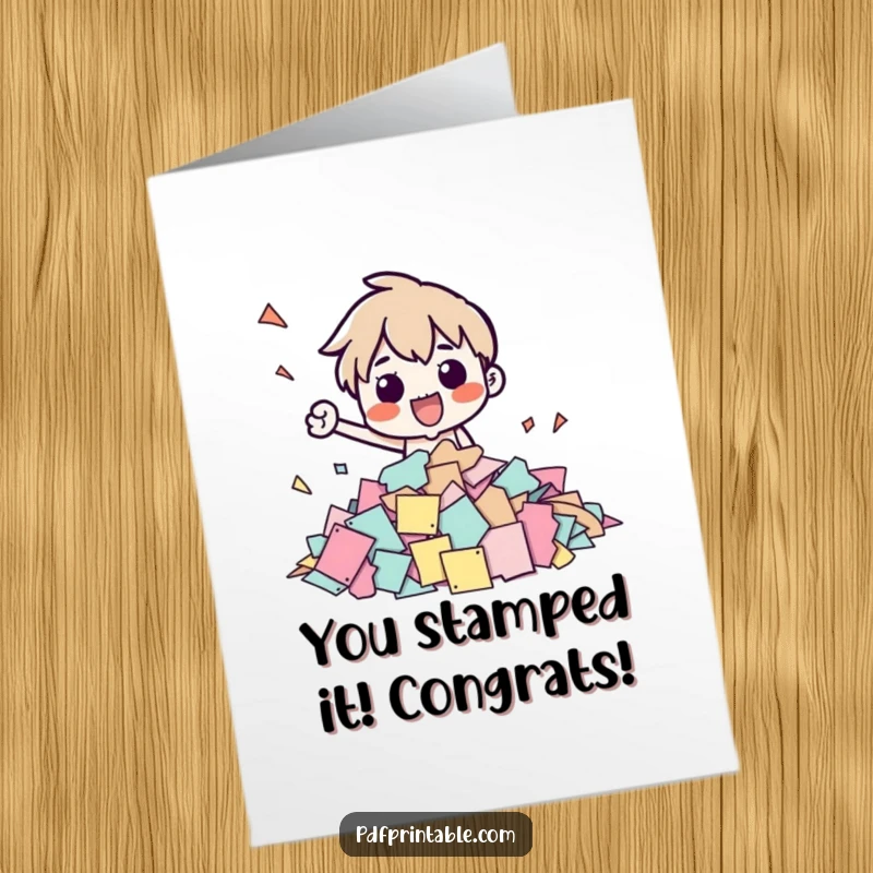 Funny Free Printable Congratulations Card with a character joyfully stamping papers. Perfect for DIY celebrations and digital download.