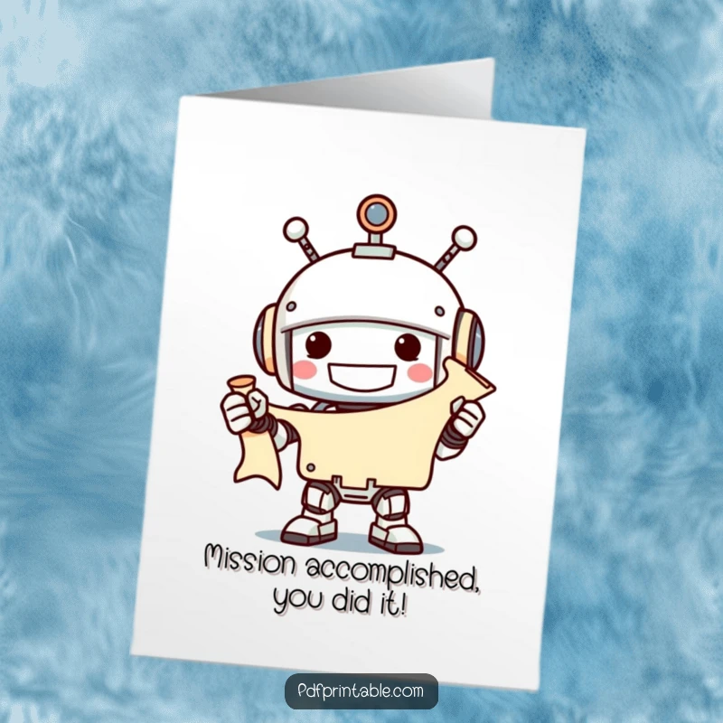 A smiling robot holding a scroll, delivering congratulations, free printable.
