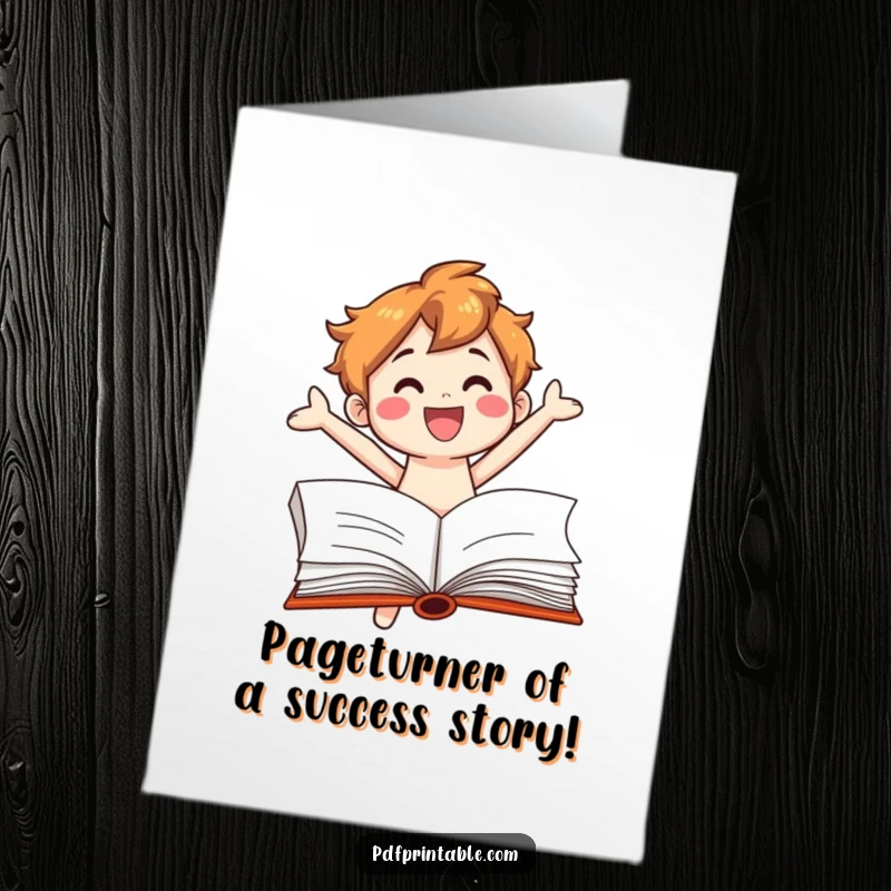 Funny Free Printable Congratulations Card: Book character mid-jump from page, celebrating success. A hilarious downloadable gift idea.
